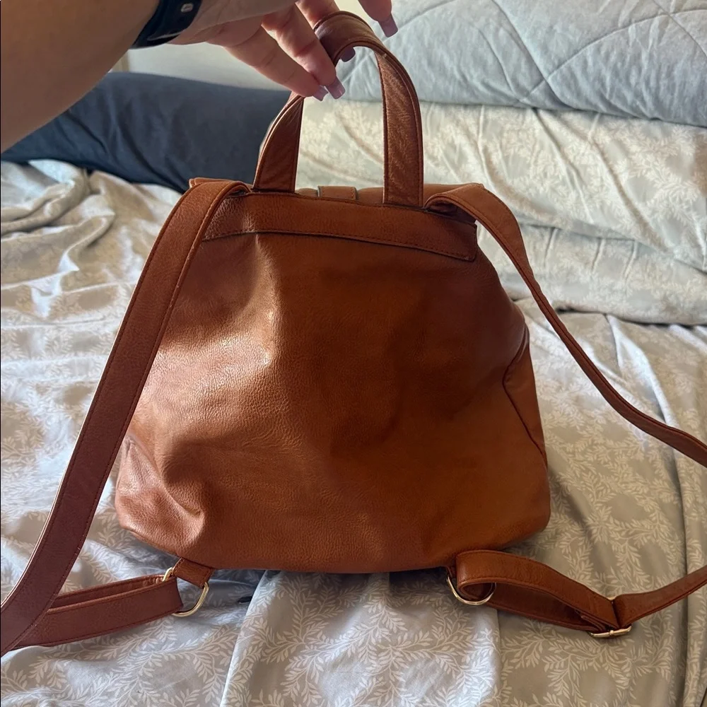 JustFab Tan Brown Faux Leather Backpack with Front Buckle Pockets